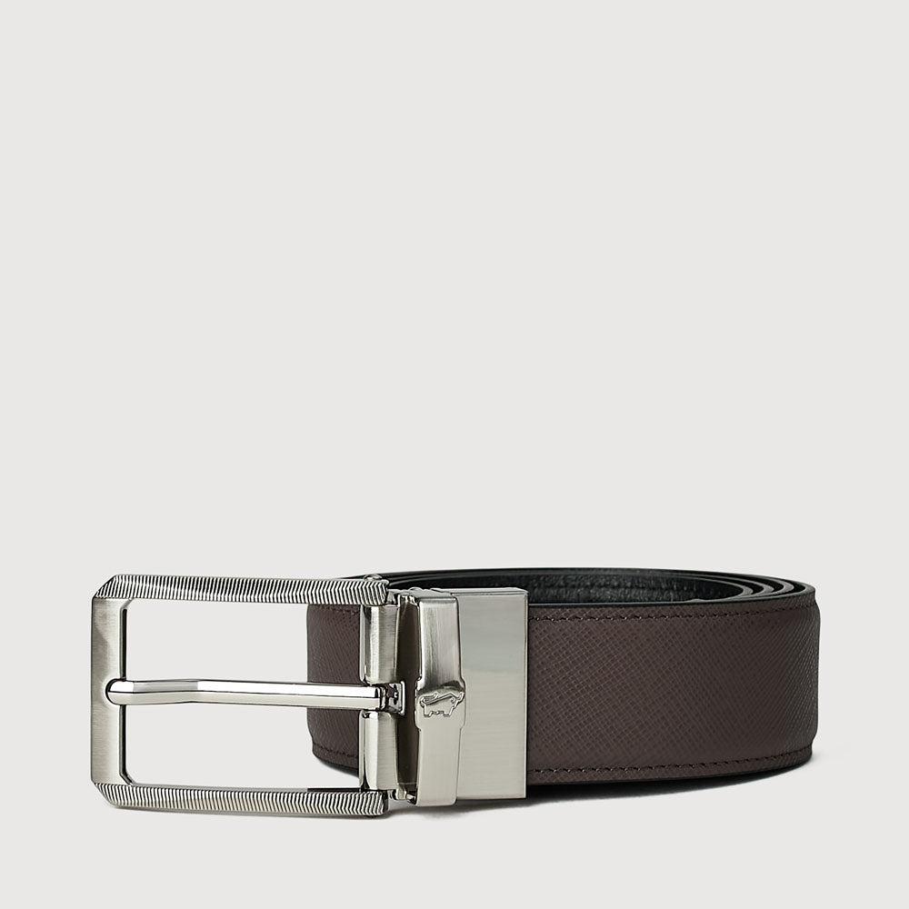 REVERSIBLE SAFFIANO EMBOSSED LEATHER BELT WITH SATIN NICKEL ALLOY NEEDLE BUCKLE