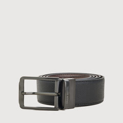 REVERSIBLE SAFFIANO PRINTED LEATHER BELT WITH GUN SATIN FINISH IN STAINLESS STEEL NEEDLE BUCKLE