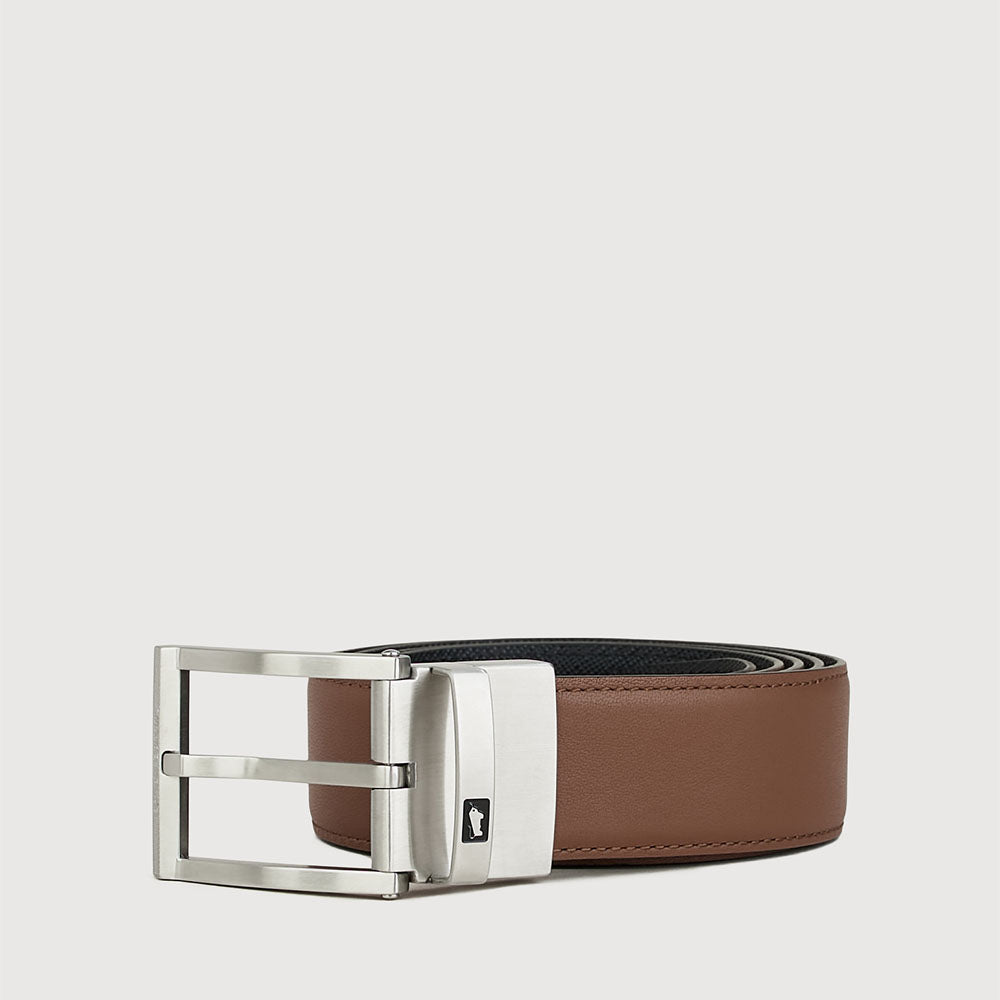 NAPPA AND SAFFIANO REVERSIBLE LEATHER BELT IN SATIN NICKEL FINISH WITH SATIN NICKEL STAINLESS STEEL BUCKLE