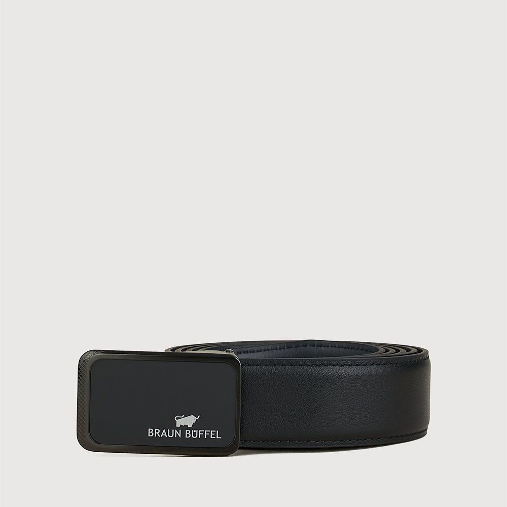 SAFFIANO LEATHER BELT IN SATIN GUN FINISH WITH STAINLESS STEEL PLATE BUCKLE