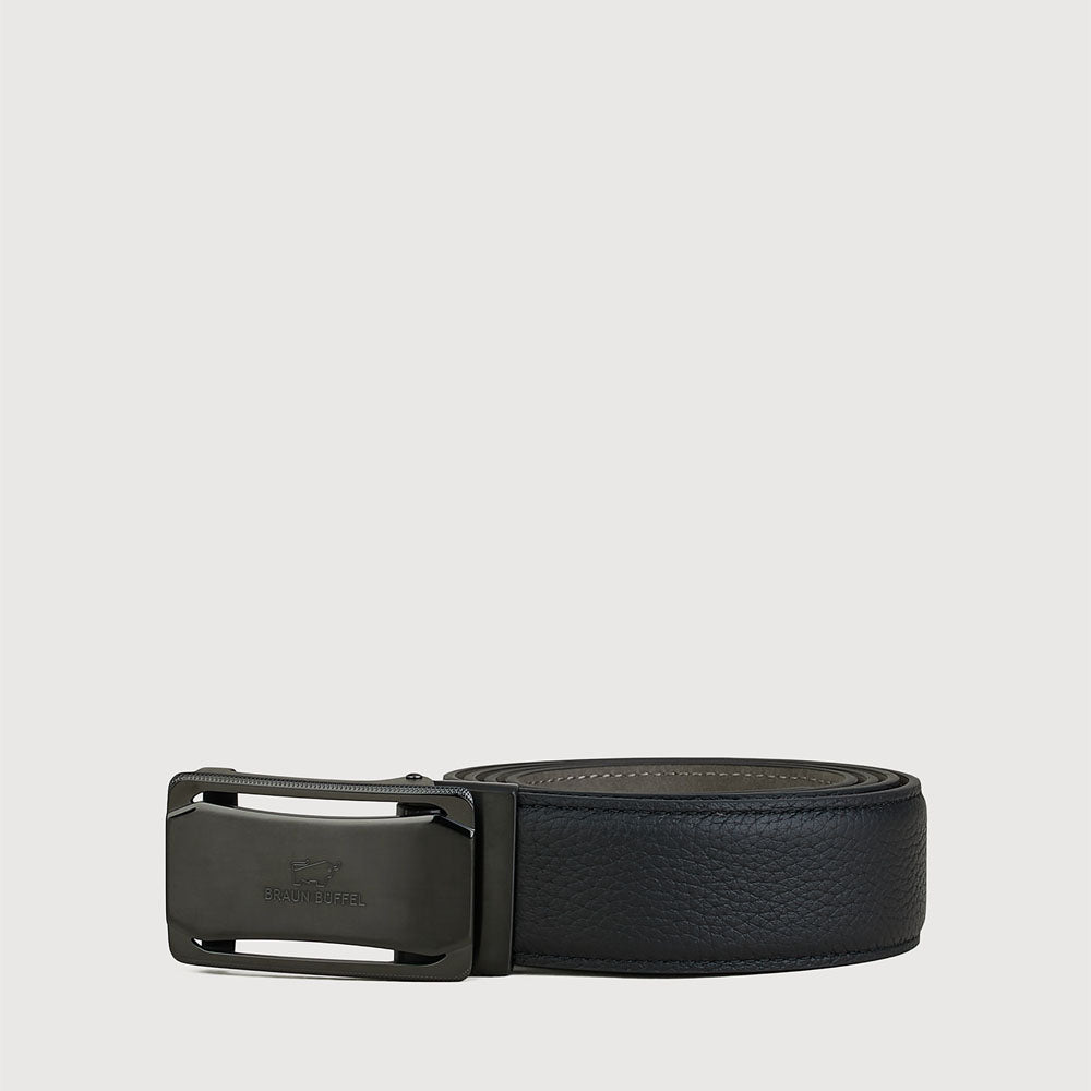 EMBOSSED LEATHER BELT IN SATIN GUN FINISH WITH AUTO STAINLESS STEEL BUCKLE