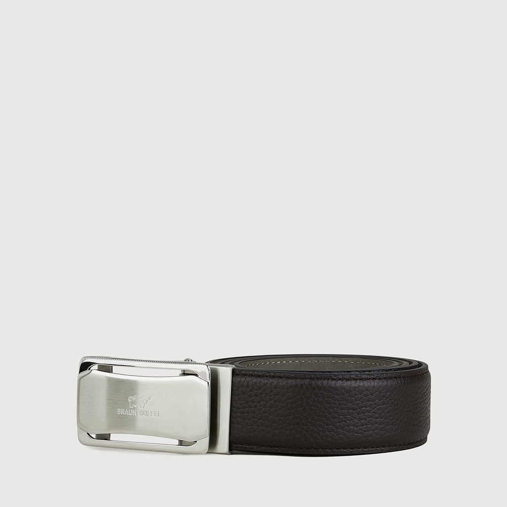 EMBOSSED LEATHER BELT IN SATIN NICKEL FINISH WITH AUTO STAINLESS STEEL BUCKLE