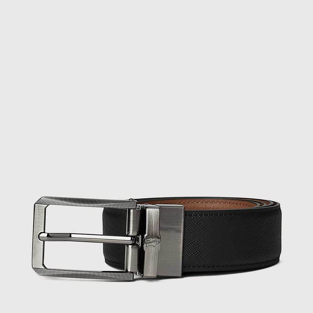 REVERSIBLE SAFFIANO EMBOSSED LEATHER BELT WITH SATIN GUN ALLOY NEEDLE BUCKLE
